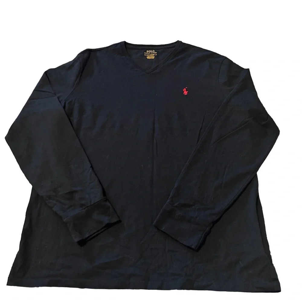🏇 Polo by Ralph Lauren Black V-Neck Long Sleeve Shirt with Red Pony L